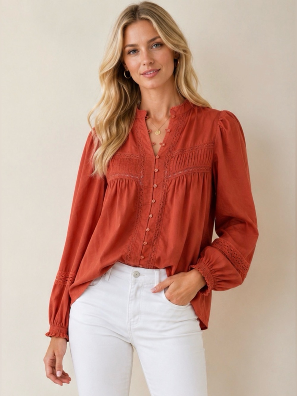 LaRoque Clay Cotton Blouse Size Medium | Boho Lace Pintuck Top